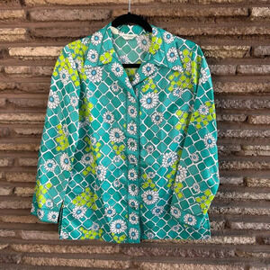 Alex Coleman Vintage 70s Turquoise Daisy Floral Mod Dagger Point Blouse